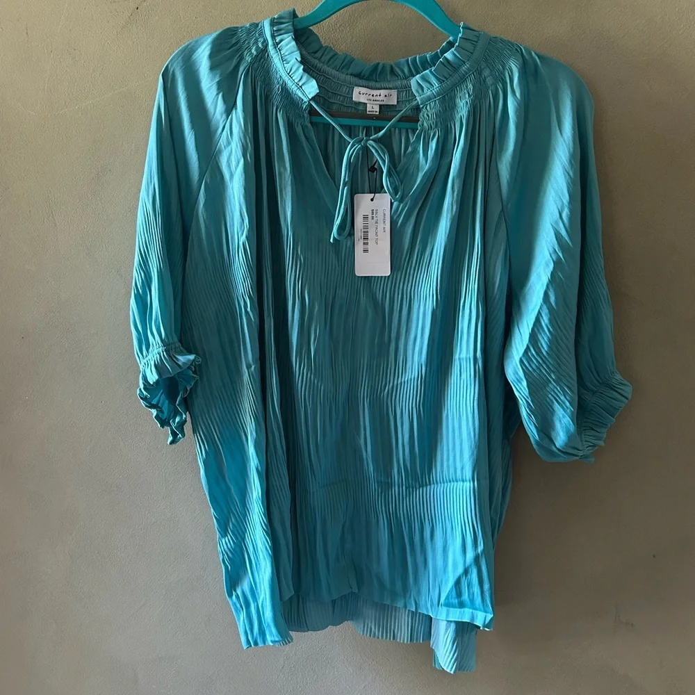 Current Air Blue Blouse with Tie Front and Pleated Neckline - Picture 1 of 2